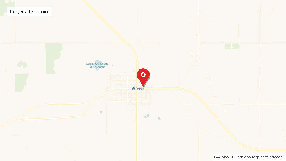 Street map of Binger, Oklahoma with location pin