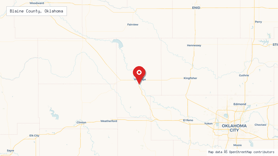Street map of Blaine County, Oklahoma with location pin