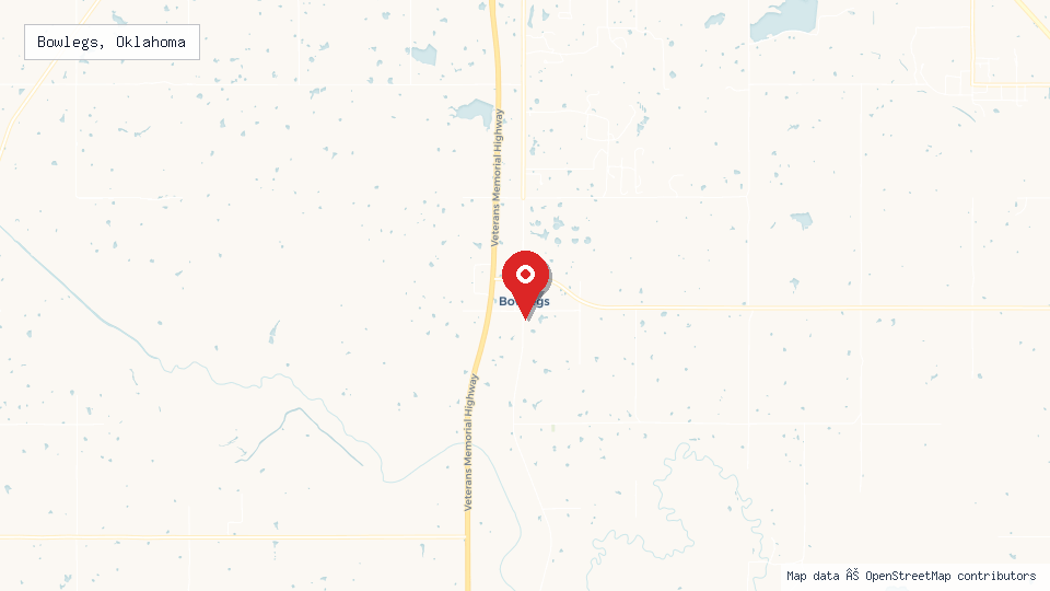 Street map of Bowlegs, Oklahoma with location pin