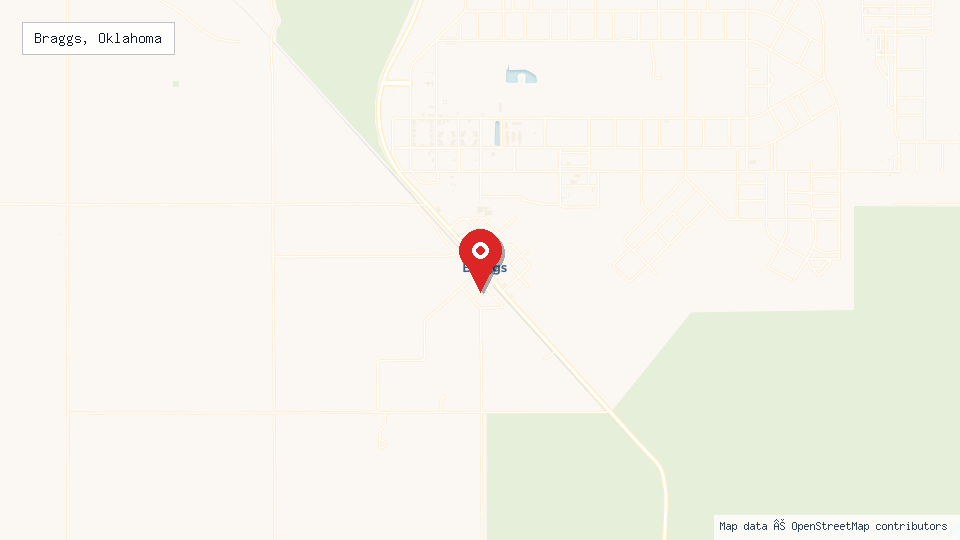 Street map of Braggs, Oklahoma with location pin