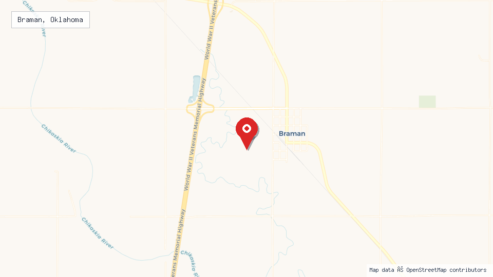 Street map of Braman, Oklahoma with location pin