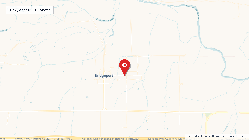 Street map of Bridgeport, Oklahoma with location pin