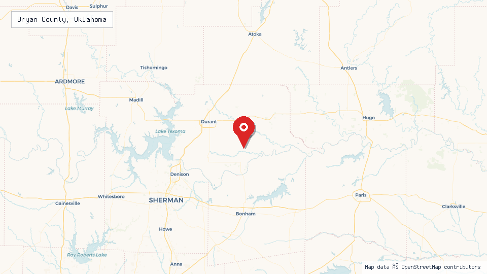 Street map of Bryan County, Oklahoma with location pin