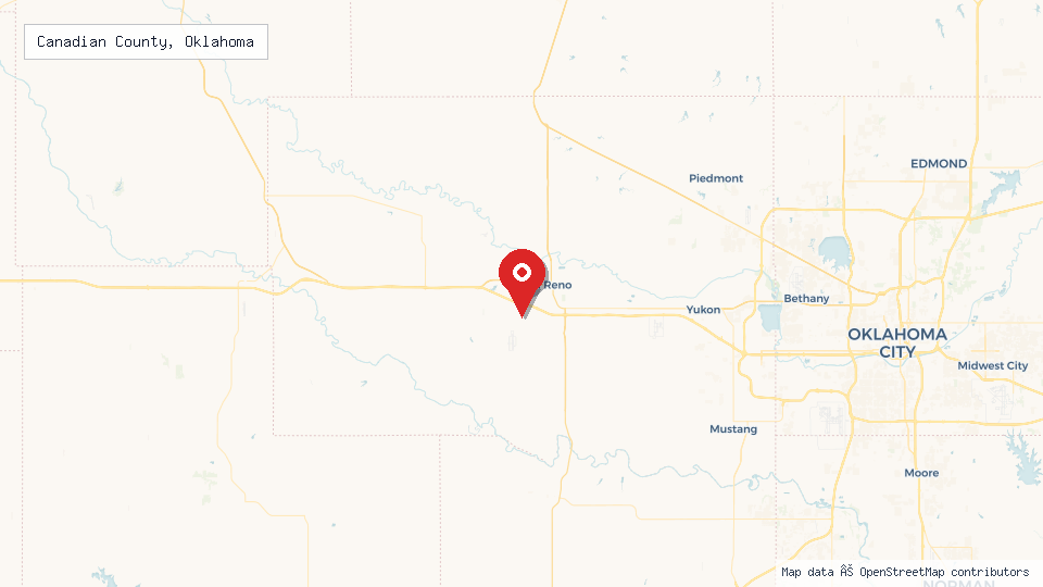 Street map of Canadian County, Oklahoma with location pin