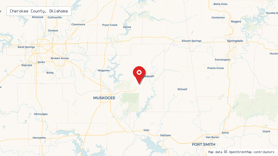 Street map of Cherokee County, Oklahoma with location pin