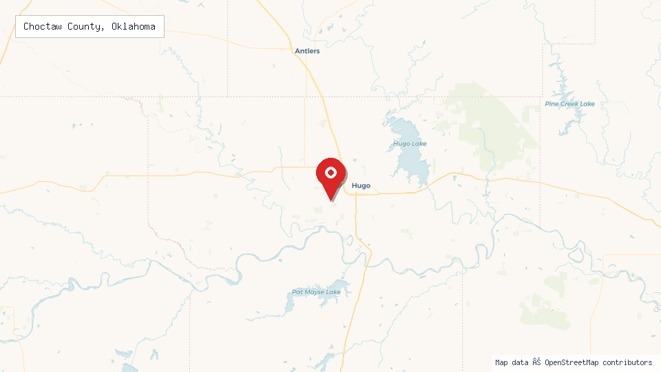 Street map of Choctaw County, Oklahoma with location pin