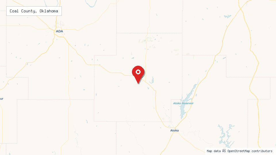 Street map of Coal County, Oklahoma with location pin