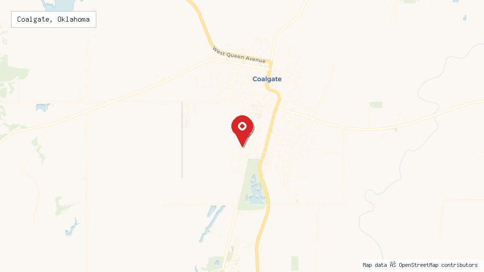 Street map of Coalgate, Oklahoma with location pin