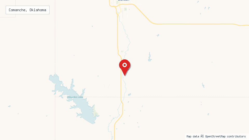 Street map of Comanche, Oklahoma with location pin
