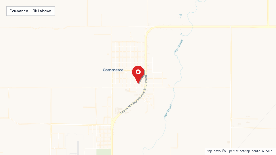 Street map of Commerce, Oklahoma with location pin