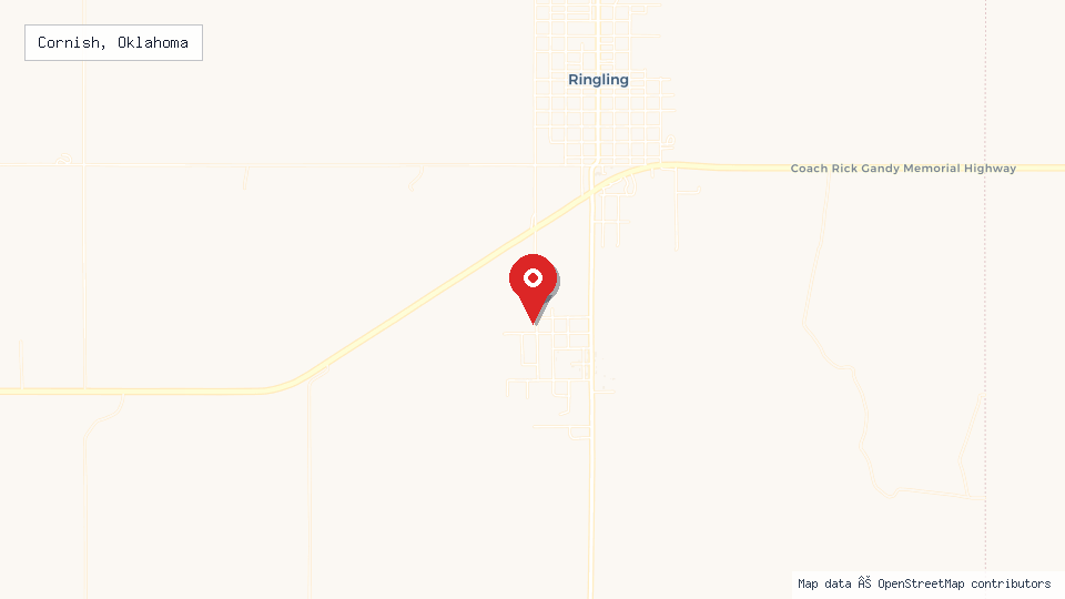 Street map of Cornish, Oklahoma with location pin