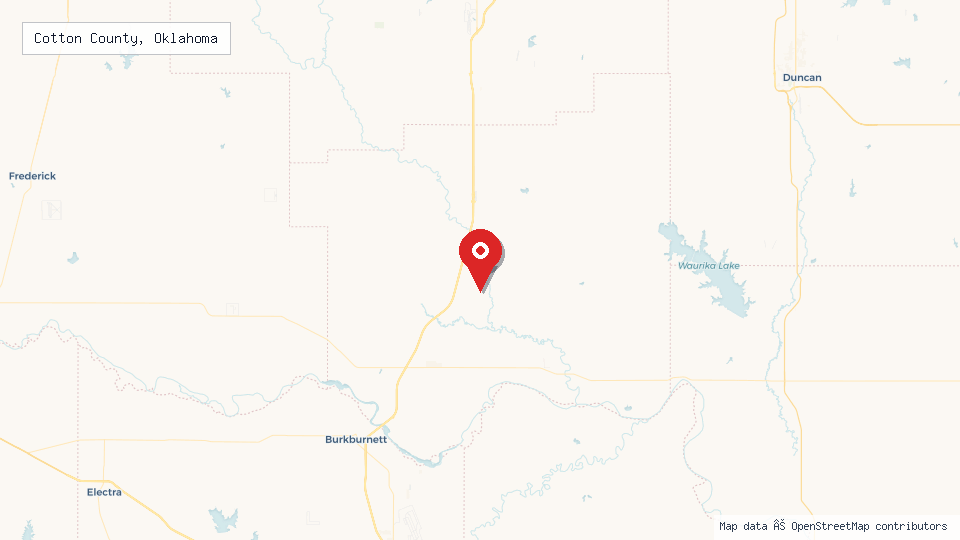 Street map of Cotton County, Oklahoma with location pin