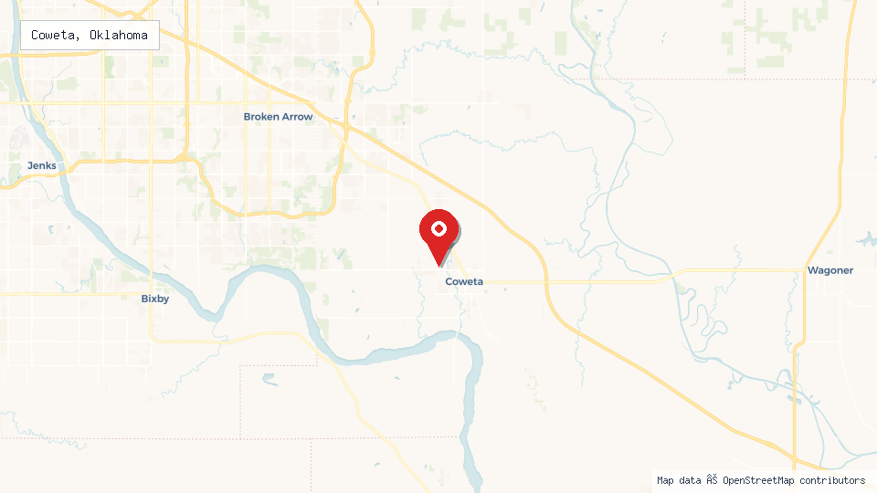 Street map of Coweta, Oklahoma with location pin
