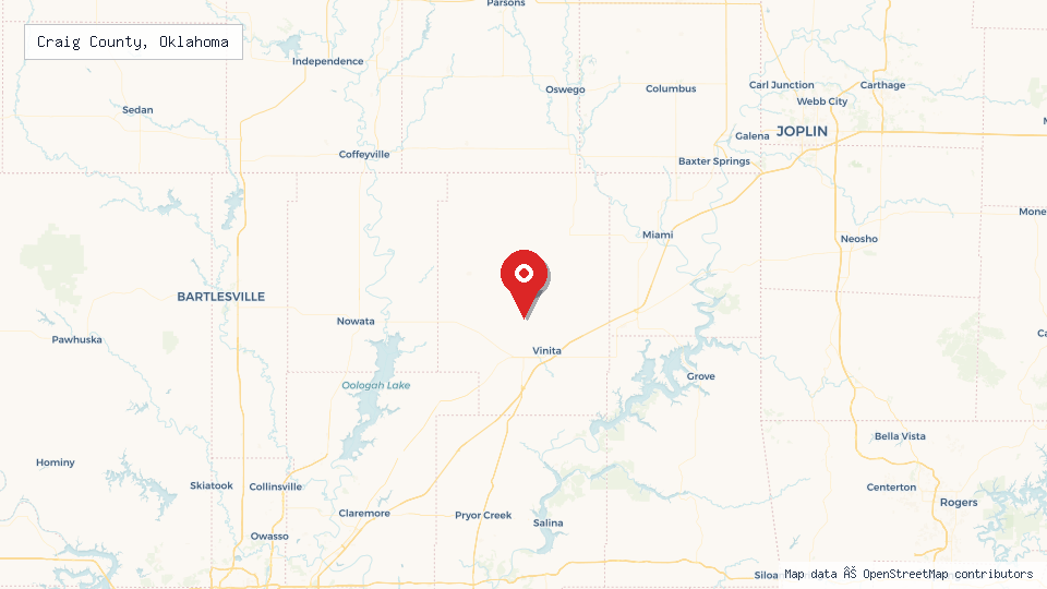 Street map of Craig County, Oklahoma with location pin