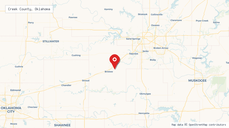 Street map of Creek County, Oklahoma with location pin