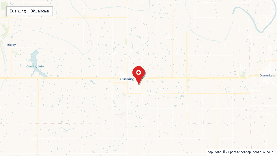 Street map of Cushing, Oklahoma with location pin