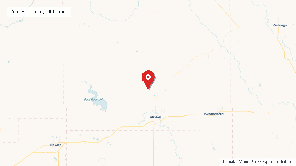 Street map of Custer County, Oklahoma with location pin