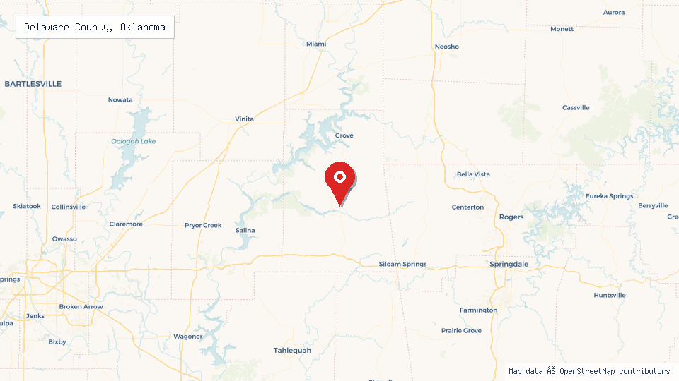 Street map of Delaware County, Oklahoma with location pin