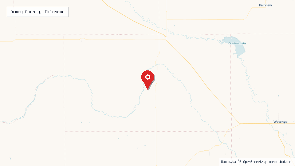Street map of Dewey County, Oklahoma with location pin