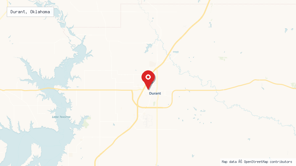 Street map of Durant, Oklahoma with location pin