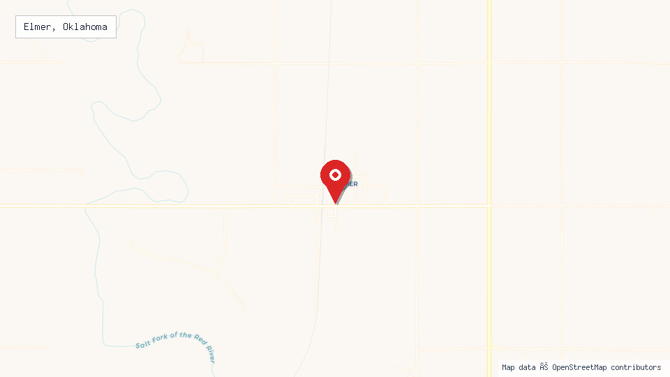 Street map of Elmer, Oklahoma with location pin