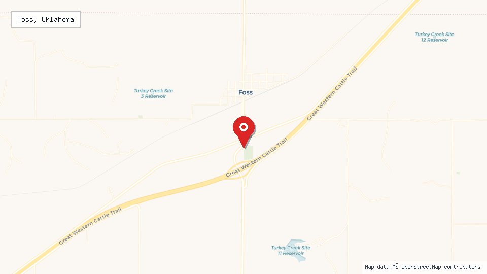 Street map of Foss, Oklahoma with location pin