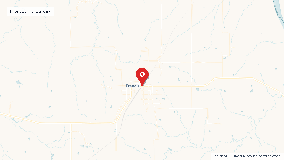 Street map of Francis, Oklahoma with location pin