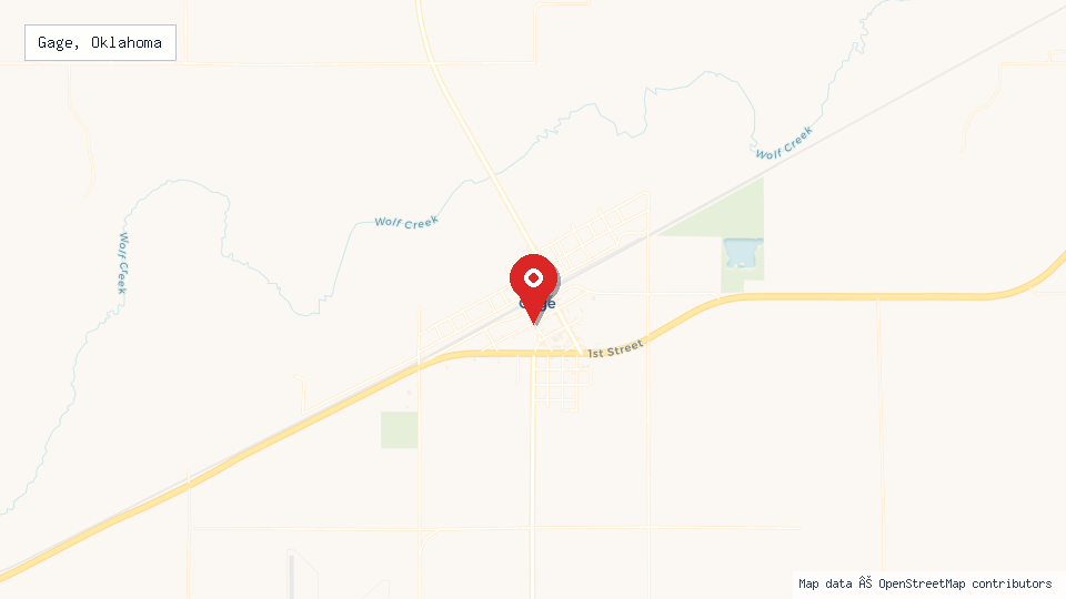 Street map of Gage, Oklahoma with location pin