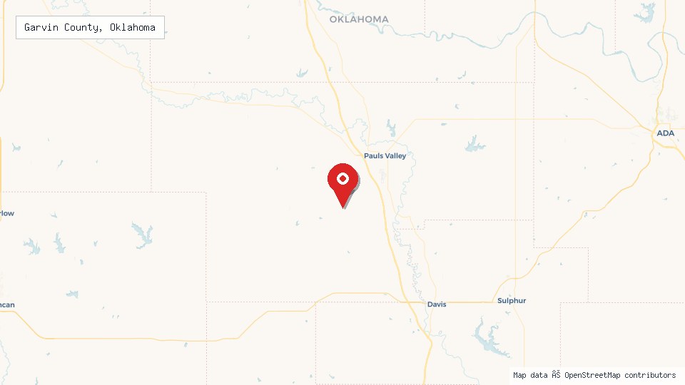 Street map of Garvin County, Oklahoma with location pin