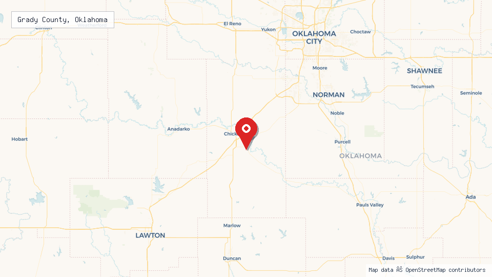 Street map of Grady County, Oklahoma with location pin