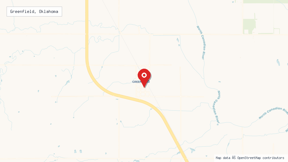 Street map of Greenfield, Oklahoma with location pin