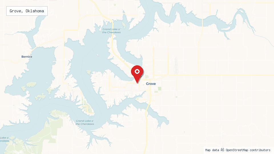 Street map of Grove, Oklahoma with location pin