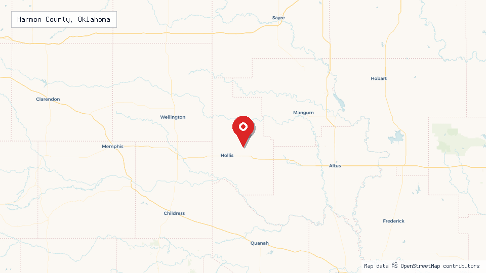 Street map of Harmon County, Oklahoma with location pin