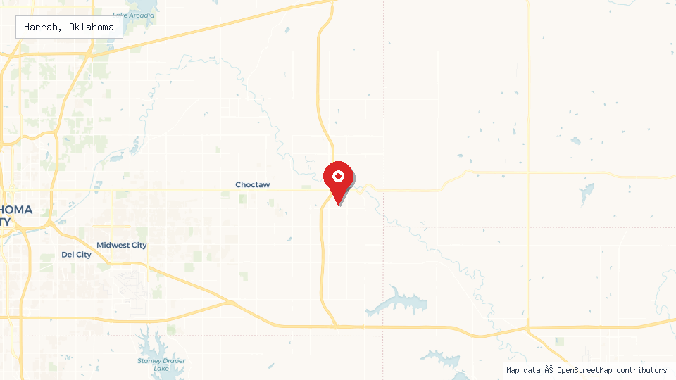 Street map of Harrah, Oklahoma with location pin
