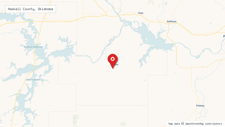 Street map of Haskell County, Oklahoma with location pin