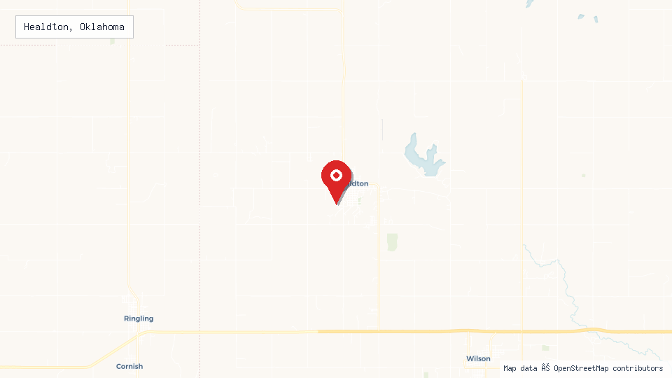 Street map of Healdton, Oklahoma with location pin