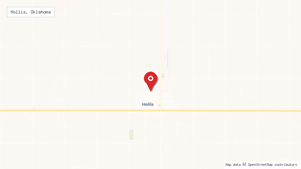 Street map of Hollis, Oklahoma with location pin