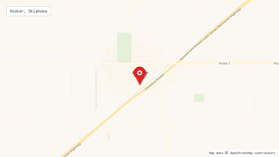 Street map of Hooker, Oklahoma with location pin