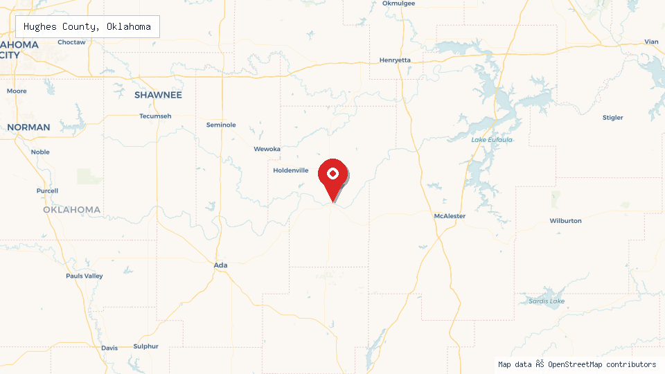 Street map of Hughes County, Oklahoma with location pin