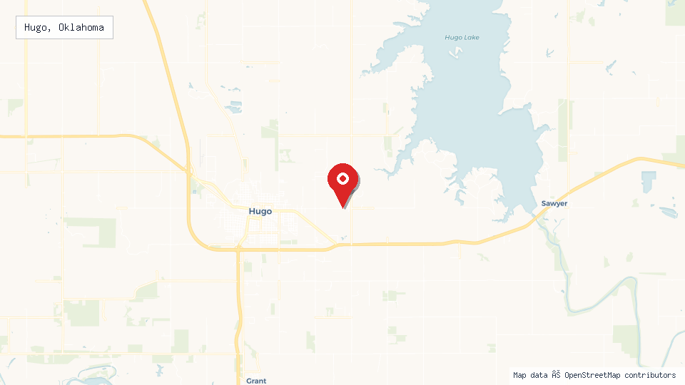 Street map of Hugo, Oklahoma with location pin