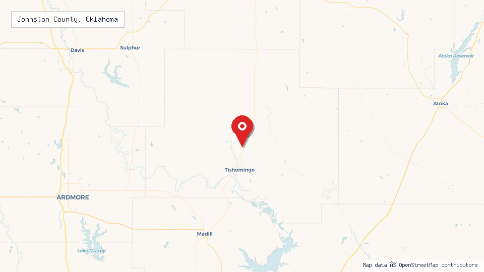 Street map of Johnston County, Oklahoma with location pin