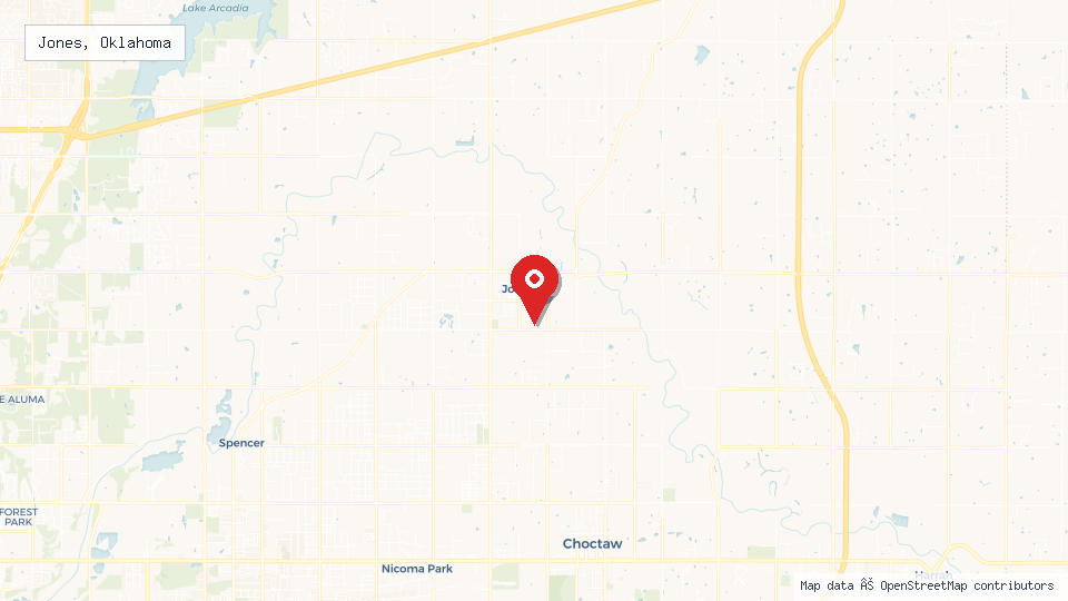 Street map of Jones, Oklahoma with location pin