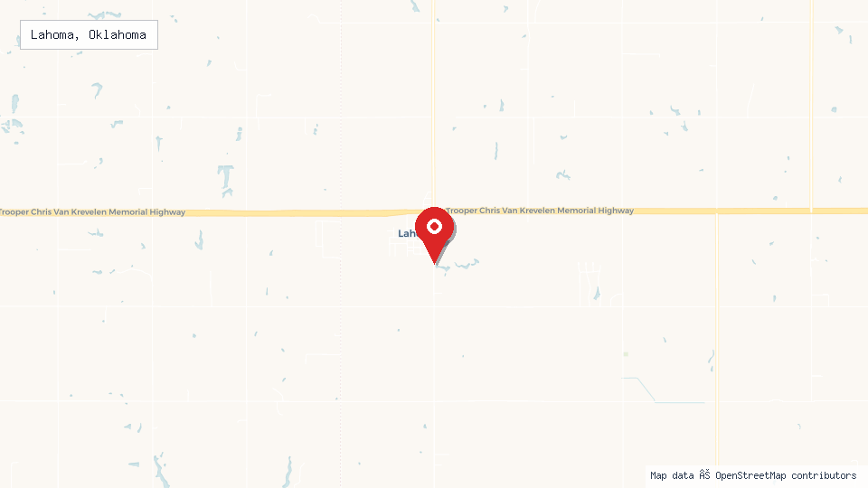 Street map of Lahoma, Oklahoma with location pin