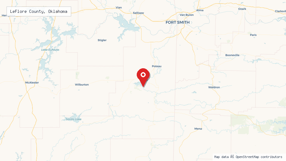 Street map of LeFlore County, Oklahoma with location pin