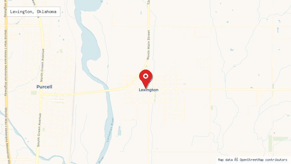Street map of Lexington, Oklahoma with location pin