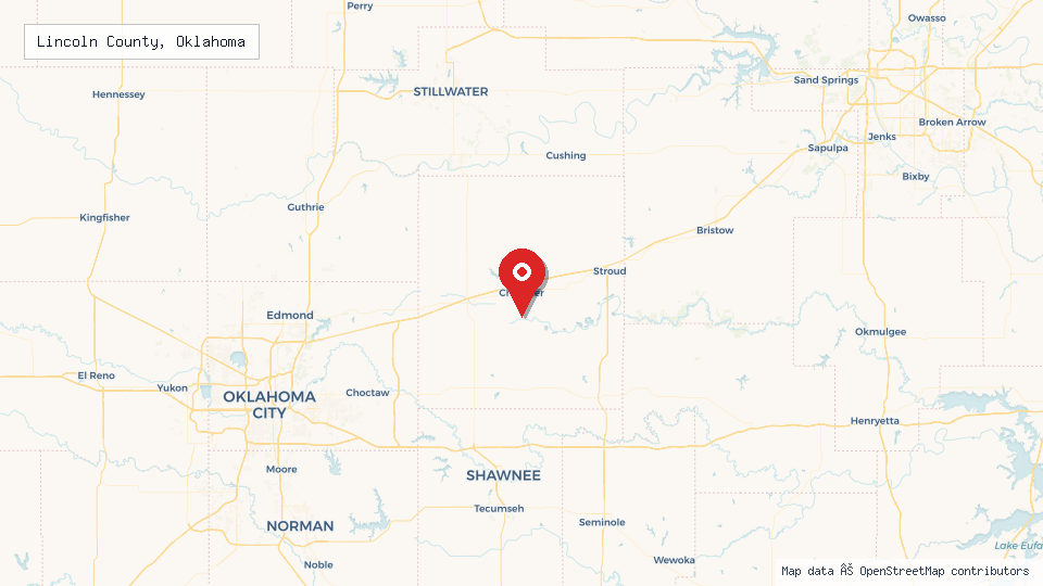 Street map of Lincoln County, Oklahoma with location pin