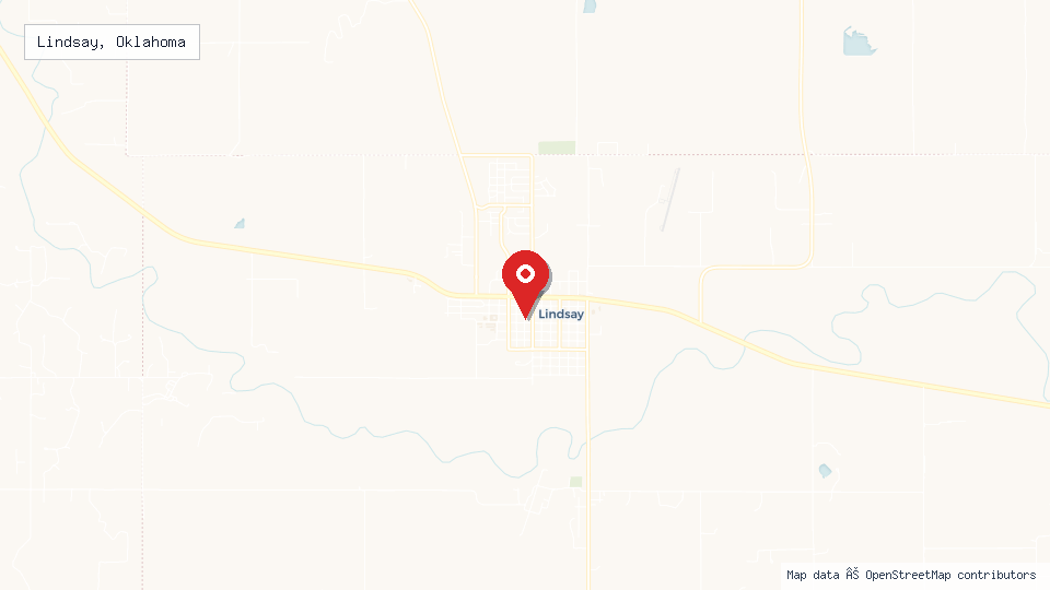 Street map of Lindsay, Oklahoma with location pin