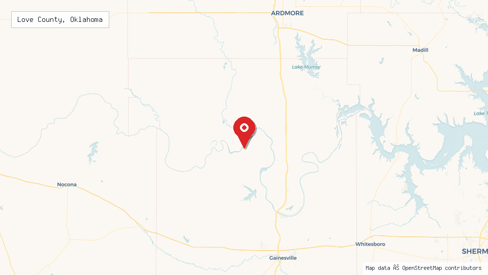 Street map of Love County, Oklahoma with location pin
