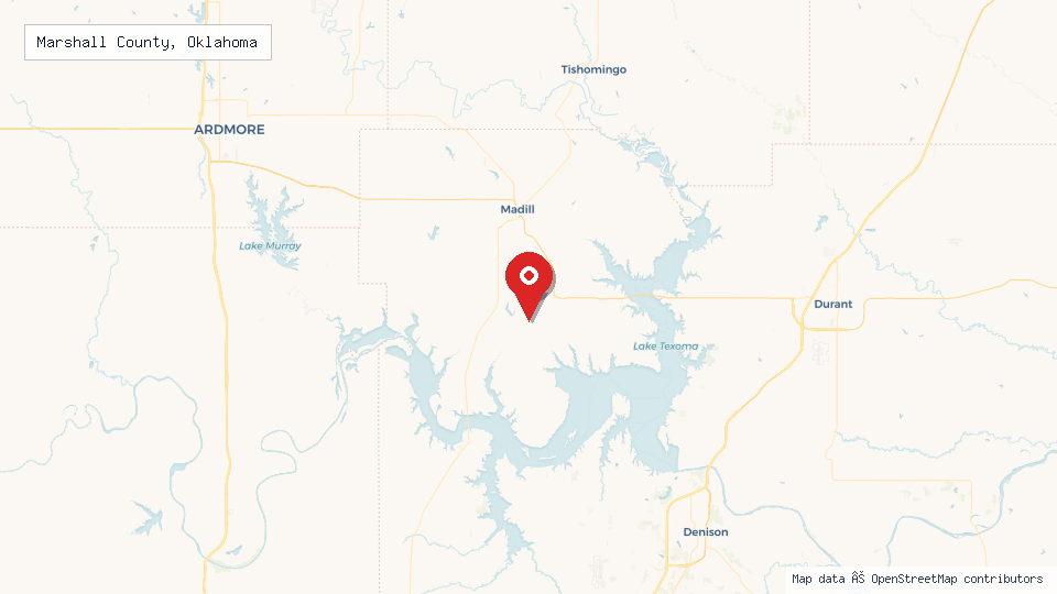 Street map of Marshall County, Oklahoma with location pin