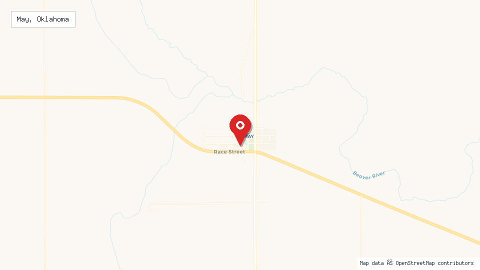 Street map of May, Oklahoma with location pin
